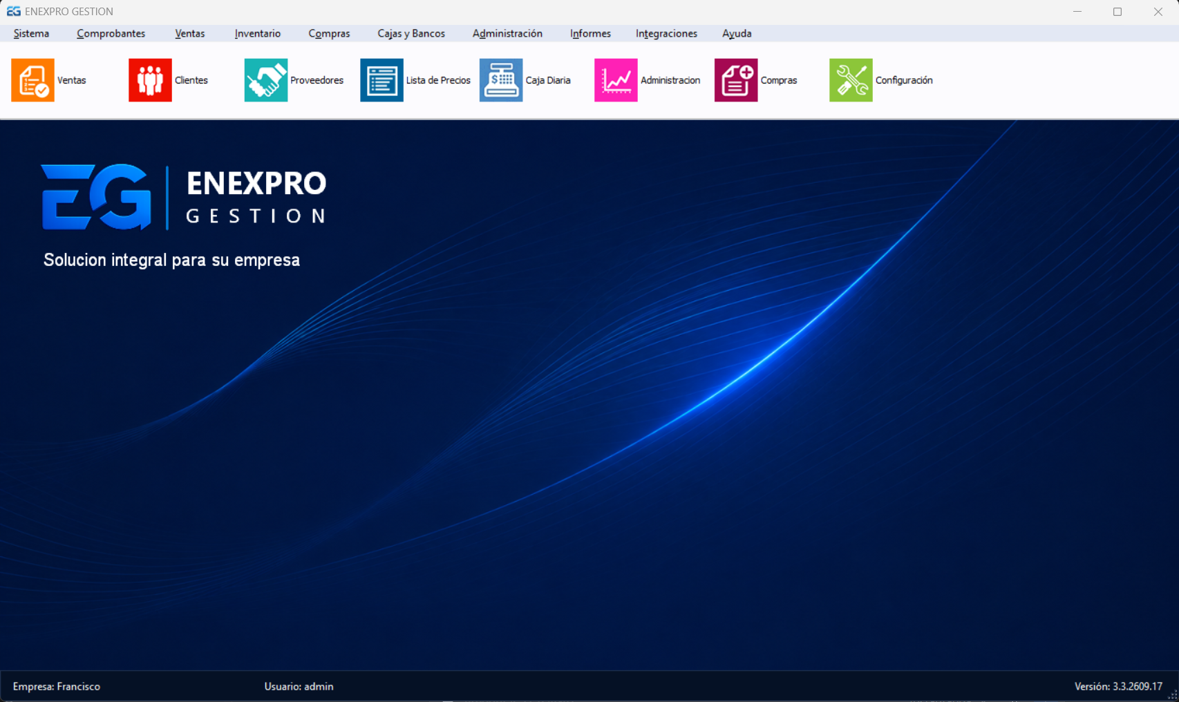 Pantalla principal de Enexpro Gestión con menú y accesos a sus módulos.